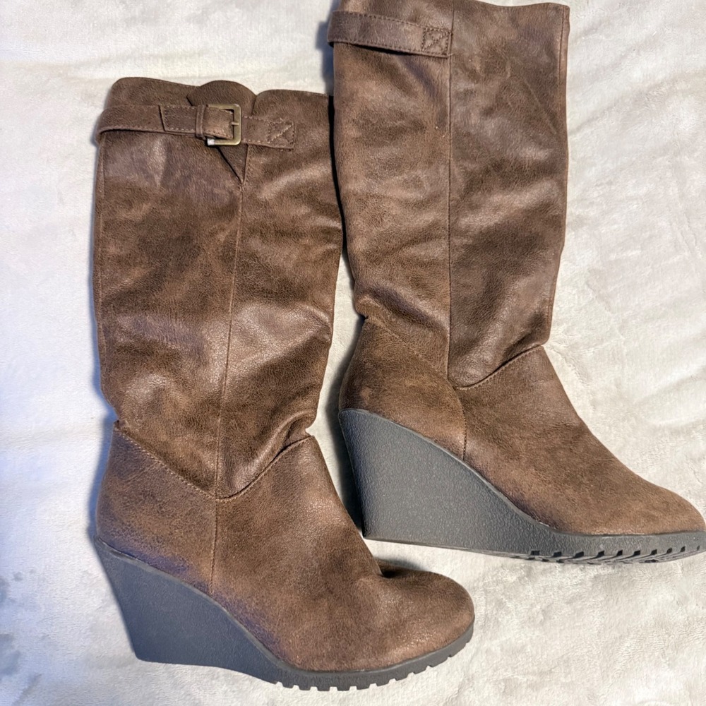 a.n.a. Brown Hidden Wedge Mid Calf Boots Buckle Slouch Boho‎ Womens 7 New